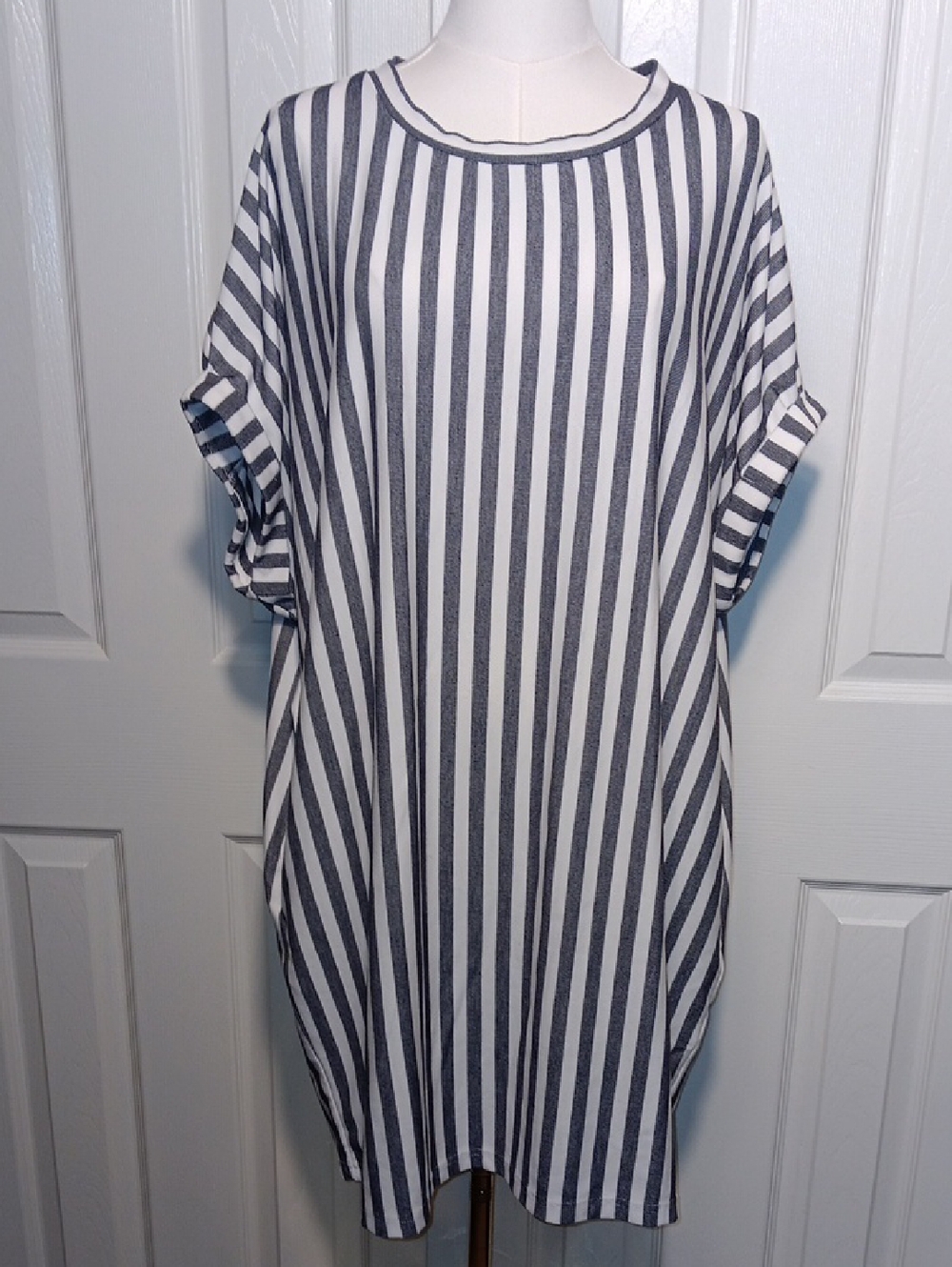 Black & White Vertical Stripe Oversized Tunic Dress with Short Sleeves